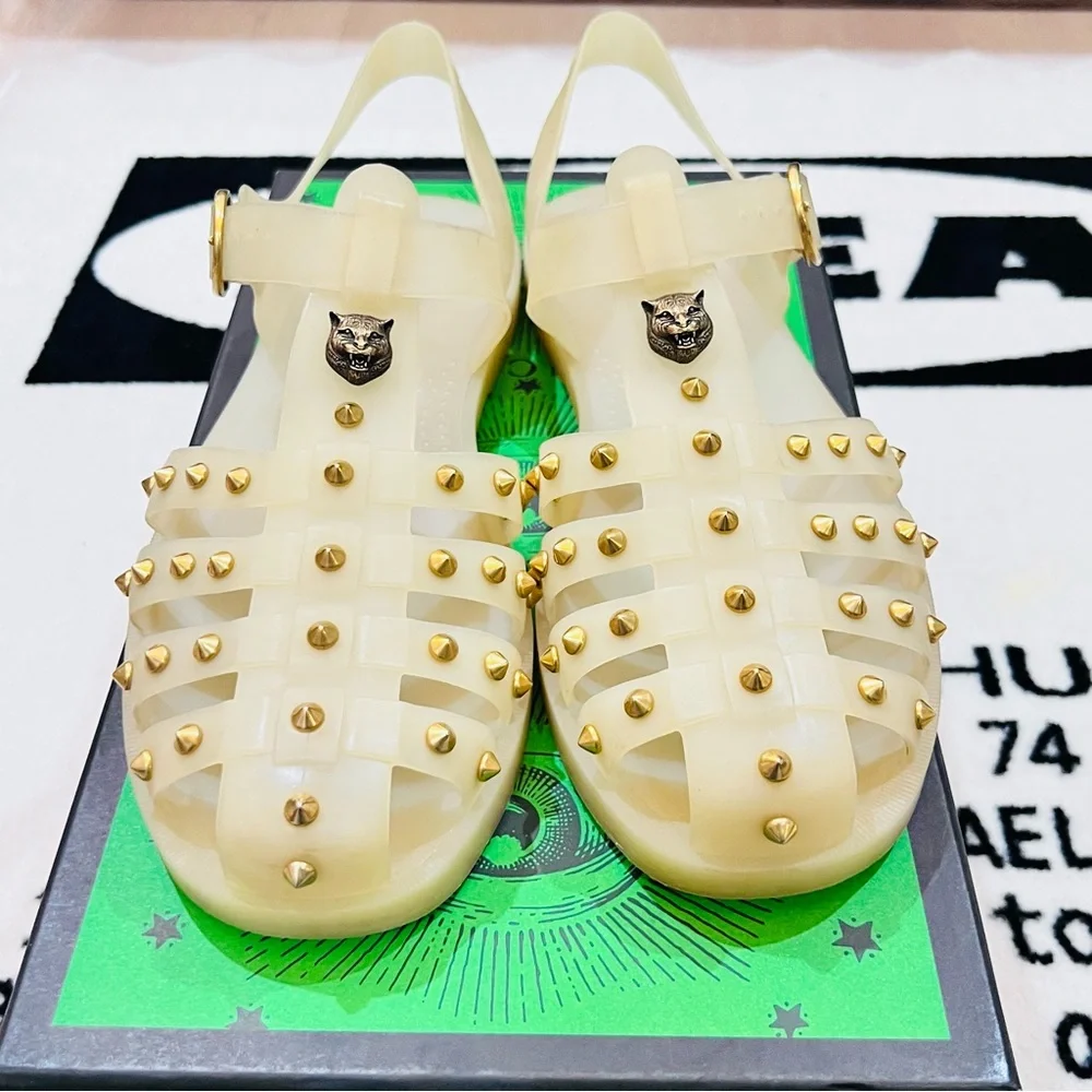 Gucci Tiger Feline Head Metal Studded Rubber Jelly Sandal - Cream/Gold - Picture 4 of 9